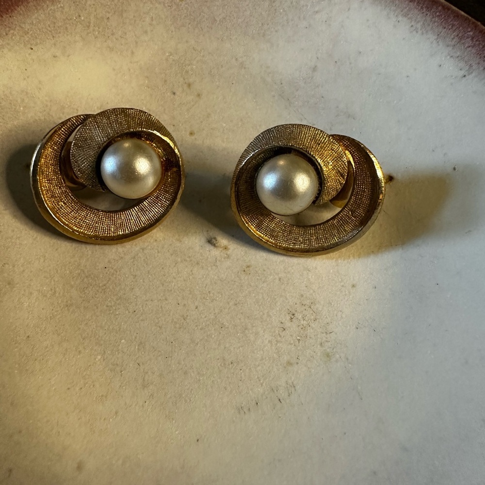 Vintage Coro Faux Pearl Gold Tone Swirl Clip On Signed Earrings